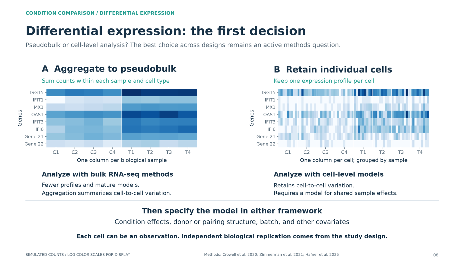 Two heatmaps of the same monocytes: a pseudobulk matrix with one column per sample, and a cell-level matrix with one column per cell grouped by sample.