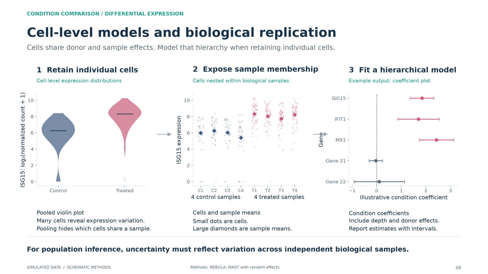 Pooled expression distributions, the same cells grouped by biological sample, and a coefficient plot with intervals.